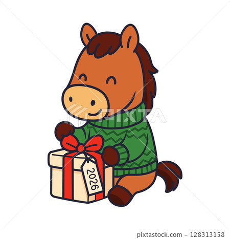 A cute cartoon horse in a cozy green sweater opens a gift. Symbol of the Chinese New Year 2026, the Year of the Horse. Vector illustration for holiday greetings and festive design. 128313158