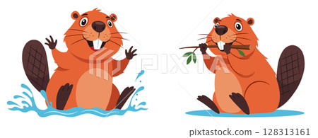 A set of two cute cartoon beaver characters in different poses. One is playing and splashing in the water, the other is eating a branch. A collection of wildlife animal mascot poses for various design A set of two cute cartoon beaver characters in different poses. One is playing and splashing in the water, the other is eating a branch. A collection of wildlife animal mascot poses for various design 128313161