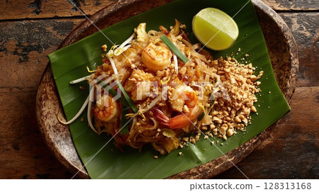 A flavorful plate of Pad Thai with shrimp, peanuts, and lime. 128313168