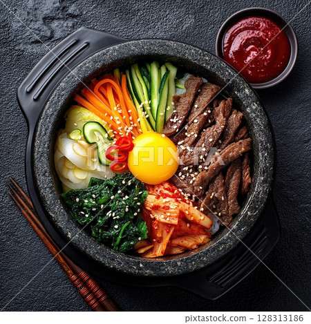Delectable bibimbap in a stone bowl, showcasing Korean flavors. 128313186