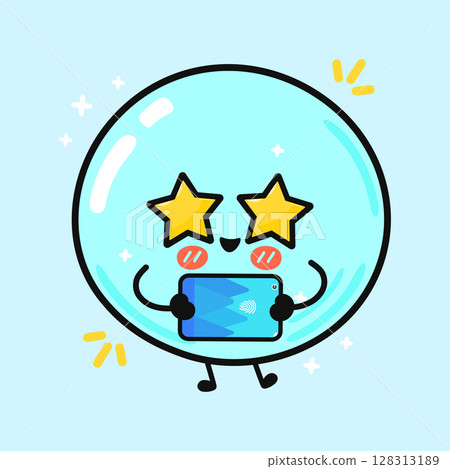 A cute cartoon bubble character with star eyes happily holding a tablet. 128313189