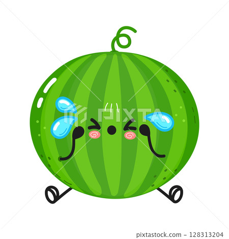 This sad, adorable watermelon cartoon is crying tears of sorrow. 128313204