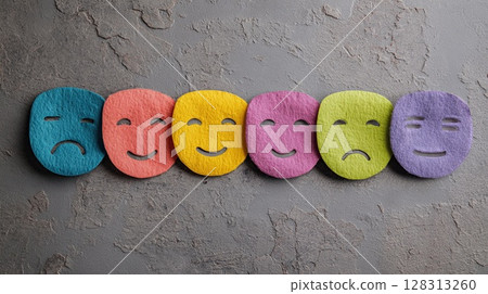 Expressive felt masks represent a spectrum of human emotions in vibrant colors. Expressive felt masks represent a spectrum of human emotions in vibrant colors. 128313260