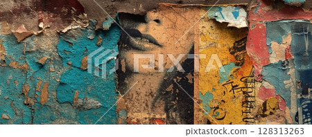 Fragmented beauty: A textured wall with a woman's face and peeling paint. 128313263
