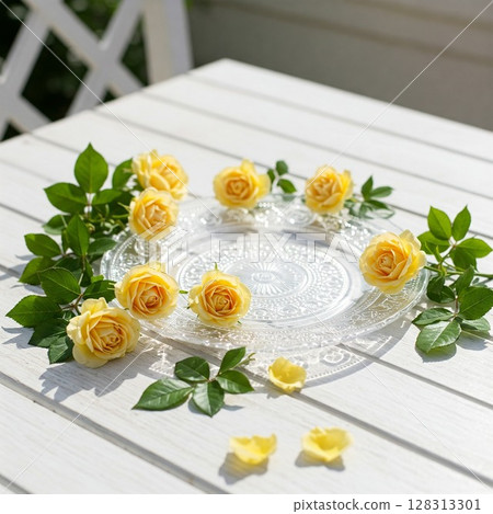 白色木桌上的鬱金香和盤子。 128313301