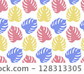 Seamless pattern with repeating silhouettes of monstera leaves in shades of pink, yellow and blue on isolated background 128313305