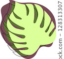 Monstera leaf in silhouette style with contour lines overlay, done in shades of green and purple on isolated background 128313307