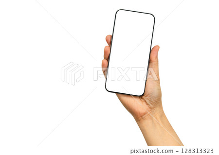 Asian woman holding smartphone in hand with blank screen isolated on white background with clipping path. Asian woman holding smartphone in hand with blank screen isolated on white background with clipping path. 128313323