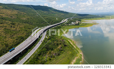 Drone shot The M6 motorway Nakhon Ratchasima Province - Bang Pa-in Lam Ta Khong River and Mountain. Motorway Korat Thailand 128313341