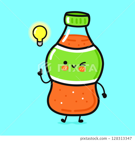 A cheerful cartoon soda bottle winks while a lightbulb glows above it. A cheerful cartoon soda bottle winks while a lightbulb glows above it. 128313347