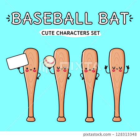 Baseball Bat mascots expressing varied emotions while gripping blank sign and baseball, ideal for sports graphic design projects 128313348