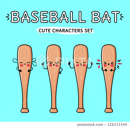 Set of wooden baseball bats with cute faces showing different emotions, perfect for sports and game projects 128313349