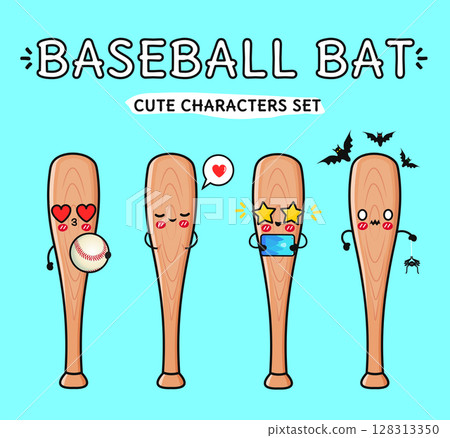 Set of wooden Baseball bats with cute kawaii faces showing different emotions, ideal for sports and entertainment projects Set of wooden Baseball bats with cute kawaii faces showing different emotions, ideal for sports and entertainment projects 128313350