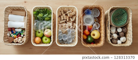 A neat arrangement of recycling bins filled with various items, ready for sorting and responsible disposal. 128313370