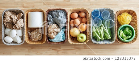 An organized assortment of food items and waste, placed in wicker baskets. An organized assortment of food items and waste, placed in wicker baskets. 128313372