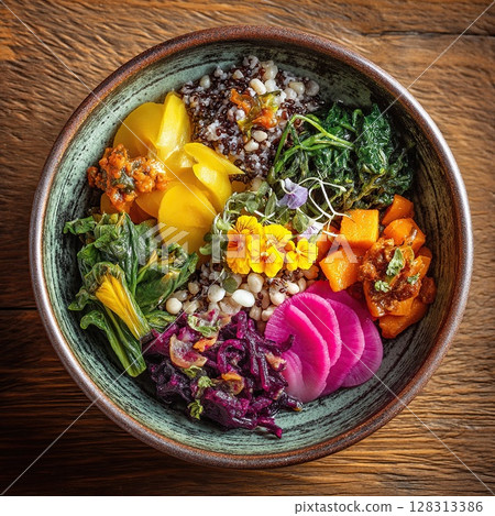 A colorful and healthy buddha bowl, perfect for a delicious vegan or vegetarian meal. 128313386