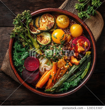Vibrant buddha bowl bursting with fresh, colorful, and healthy vegetables and grains. 128313387