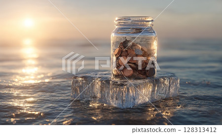 A jar of coins on an ice block floats in the ocean, with the sunset illuminating the scene. 128313412