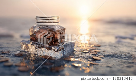 A glass jar filled with coins rests on ice, catching the beautiful light of a sunset over the water. 128313413