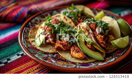 Delicious tacos with fresh toppings, beautifully presented on a decorative plate with a colorful backdrop. 128313419