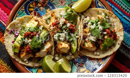 Close-up of three flavorful chicken tacos with fresh ingredients. 128313420