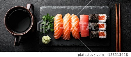 A visually appealing sushi platter with soy sauce and chopsticks. A visually appealing sushi platter with soy sauce and chopsticks. 128313428