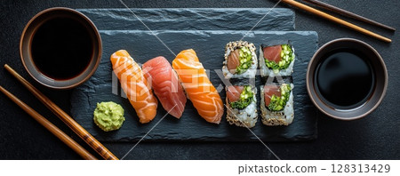 Exquisite sushi platter with salmon, tuna, soy sauce and chopsticks, ready to be enjoyed. Exquisite sushi platter with salmon, tuna, soy sauce and chopsticks, ready to be enjoyed. 128313429