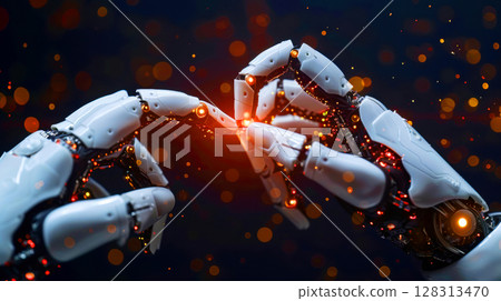 Close up sparkle light of humanoid or robotic handshake connecting with cyber robot metallic hands symbolizing the connection in futuristic technology and innovation 128313470