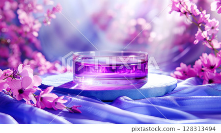 3D rendering violet serum in a clear glass on white podium and mock up in vibrant purple flowers decorate in cosmetic shining light to product for advertising production 3D rendering violet serum in a clear glass on white podium and mock up in vibrant purple flowers decorate in cosmetic shining light to product for advertising production 128313494