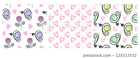 Hand Drawn Stylized Butterflies Decorative Hearts and Roses Seamless Patterns Summer Background Set 128313532