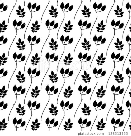 Rose Hip twigs and leaves Silhouette Seamless Pattern Autumnal Seasonal Cards minimalist Background Rose Hip twigs and leaves Silhouette Seamless Pattern Autumnal Seasonal Cards minimalist Background 128313533