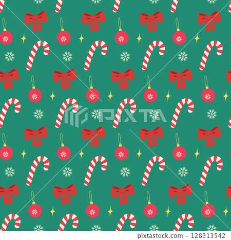 Christmas Festive Decorations Candy Cane Ribbon bow Ball and Snowflake Seamless Pattern Holiday Fond 128313542