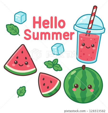 Cute kawaii vector set with "Hello Summer" text. Features a watermelon character, slices, a smoothie, ice, and mint. Isolated collection perfect for seasonal greetings and designs. 128313582