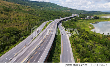 Drone shot The M6 motorway Nakhon Ratchasima Province - Bang Pa-in Lam Ta Khong River and Mountain. Motorway Korat Thailand 128313624