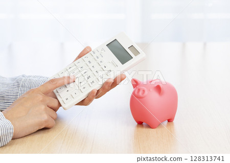 Women's hand using a calculator Women's hand using a calculator 128313741