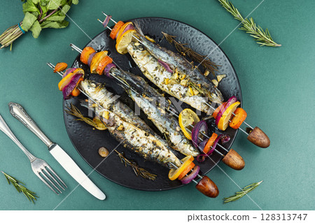 BBQ Fish Skewers. BBQ Fish Skewers. 128313747