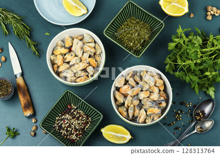 Frozen mussels on ice. Frozen mussels on ice. 128313764