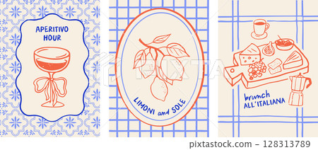 Mediterranean italian summer illustrations, lemons, cocktails, sardines, cherry tomatoes, lobster on Mediterranean italian summer illustrations, lemons, cocktails, sardines, cherry tomatoes, lobster on 128313789