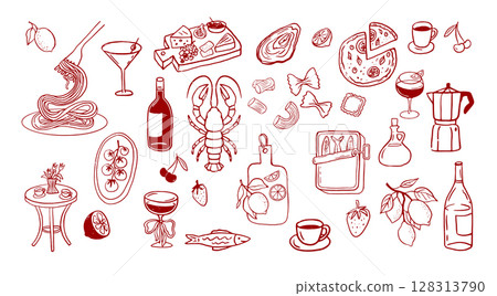Italy, food and drinks set of illustration. Hand drawn sketch inked whimsical vector design. Wine 128313790