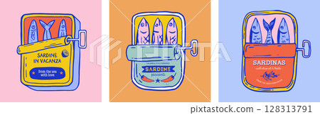 Sea food, fish, canned sardines fish, anchovy colorful vector illustrations for t shirt print 128313791