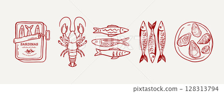 Mediterranean italian fish, sardines, lobster hand drawn illustrations 128313794