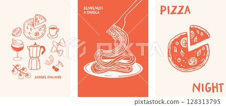 Italian food, pizza, pasta, spaghetti, wine, tomatoes and espresso illustrations. Posters, cards Italian food, pizza, pasta, spaghetti, wine, tomatoes and espresso illustrations. Posters, cards 128313795