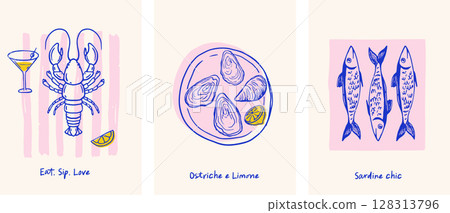 Mediterranean italian seafood, fish, sardines, lobster illustrations Mediterranean italian seafood, fish, sardines, lobster illustrations 128313796