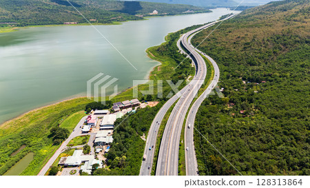 Drone shot The M6 motorway Nakhon Ratchasima Province - Bang Pa-in Lam Ta Khong River and Mountain. Motorway Korat Thailand 128313864
