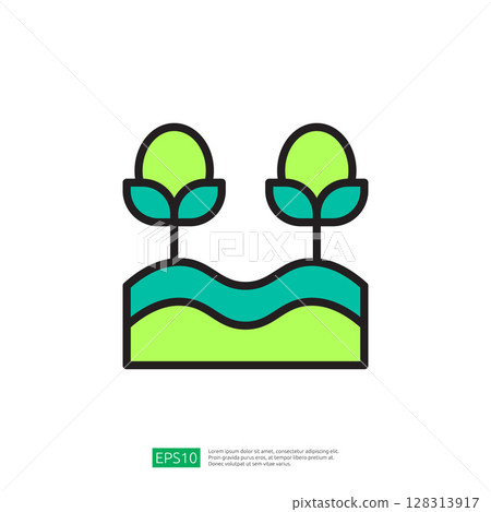 Stylized Icon of Green Plants Growing on Farming Landscape Background Stylized Icon of Green Plants Growing on Farming Landscape Background 128313917