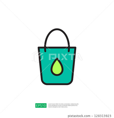 Colorful Green Farming Icon Featuring a Bucket with a Water Drop Symbolizing Agriculture and Sustainable Gardening Practices 128313923