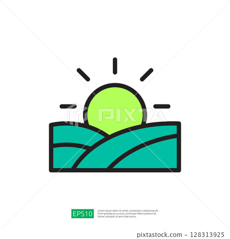 Minimalist Icon of a Sunrise Over Fertile Fields Depicting Farming Landscape and Nature Minimalist Icon of a Sunrise Over Fertile Fields Depicting Farming Landscape and Nature 128313925