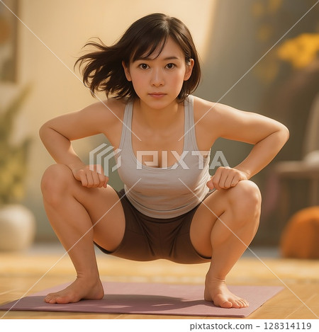 A woman's serious expression as she concentrates in a squat position. 128314119