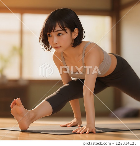 一位女性在日式房間內專心練習瑜珈的美麗姿勢。 一位女性在日式房間內專心練習瑜珈的美麗姿勢。 128314123