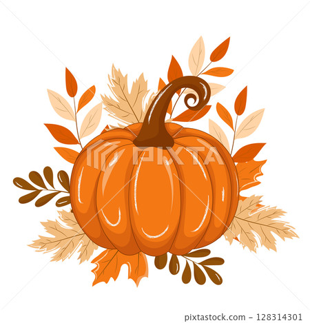 Vector composition with an orange pumpkin and autumn leaves on a white background. Seasonal fall illustration perfect for Thanksgiving, cards, decorations, banners, and harvest-themed designs Vector composition with an orange pumpkin and autumn leaves on a white background. Seasonal fall illustration perfect for Thanksgiving, cards, decorations, banners, and harvest-themed designs 128314301